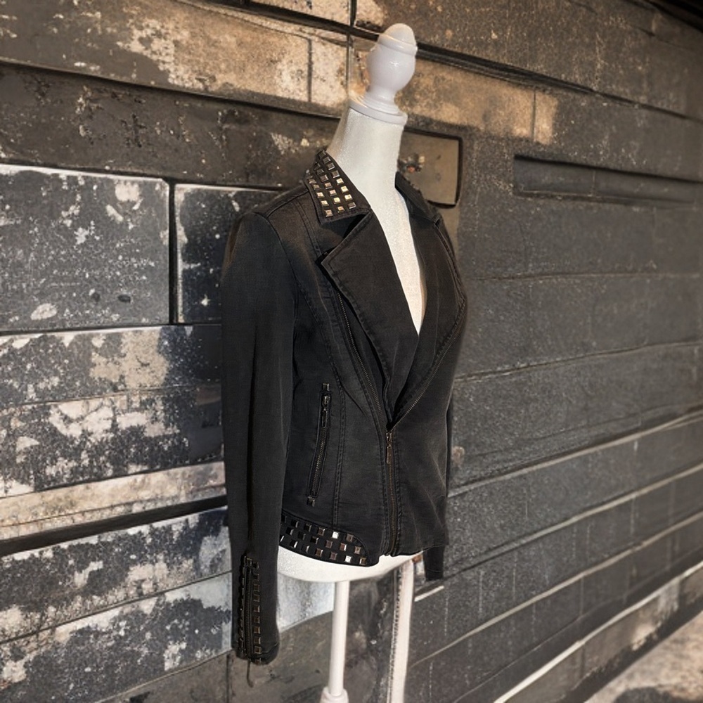 Max Jeans Black Denim Studded Biker Motorcycle Jacket XS - Picture 2 of 4